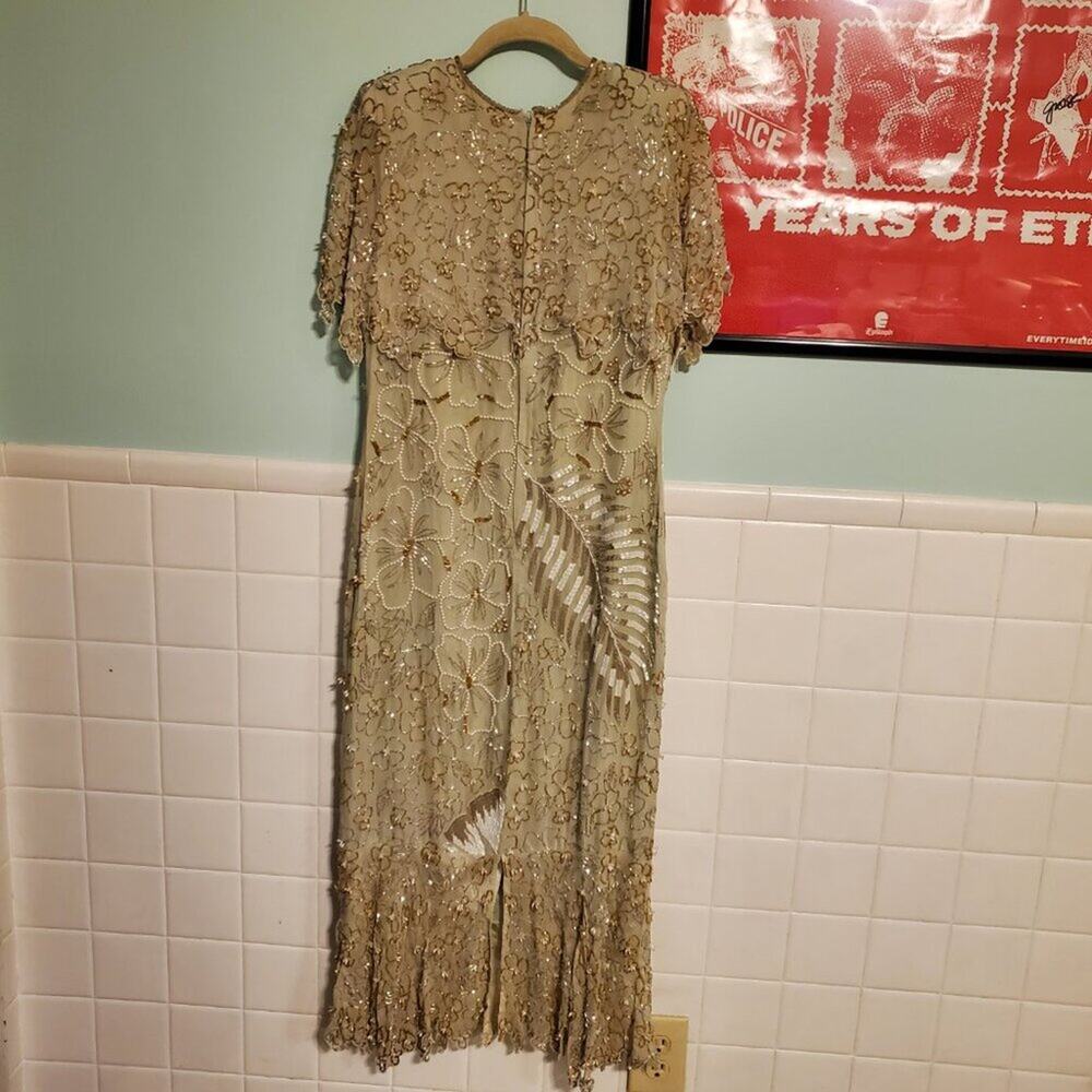 Vintage 1970s Retro Green Silk Floral Palm Leaf Gold Beaded Maxi Dress - Picture 6 of 15